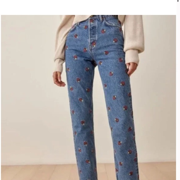 Reformation Denim - Reformation Mushrooms Embroidered High Rise Straight Leg Jean size 25